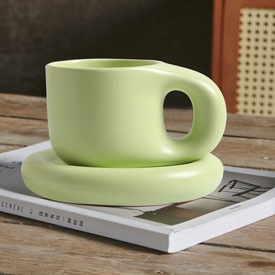 Youfap Market Handmade Chubby Mug With Saucer, Creative Nordic Ceramic Cup For Coffee, Tea, Milk & Cake, Personalized Oval Plate green