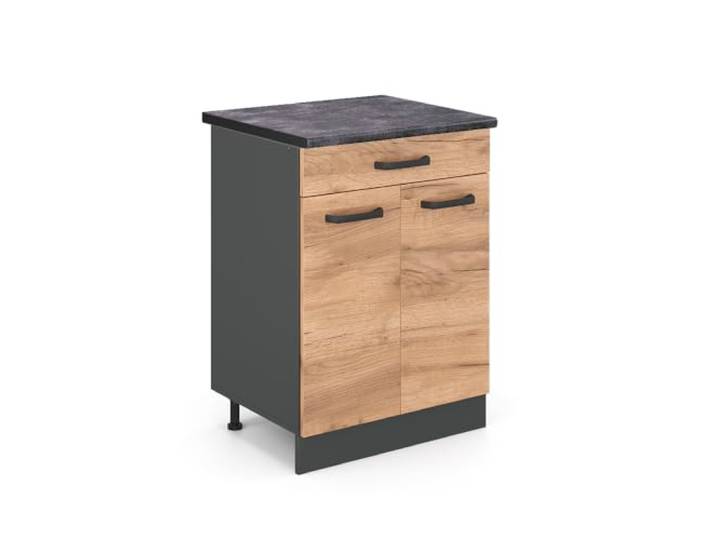 Vicco Küchenunterschrank R-Line, Goldkraft Eiche, 60 cm 1 Schublade · Arbeitsplatte Anthrazit · Höhenverst. Füße · 2 Türen · Leichter Zugriff