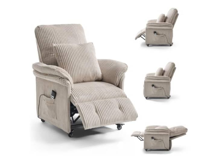 Asukale 2 Motoren Elektrischer Relaxsessel, Beige Cord Fernsehsessel Rückenlehne & Fußstütze Getrennt Stufenlos Verstellbar, 90°–175° Neigbar, Mit Feststellbaren Rollen & Zwei Seitentaschen