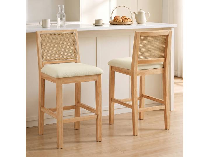 HOMCOM Tabourets Bar x2 Rotin Dossier Chenille 66H cm Crème