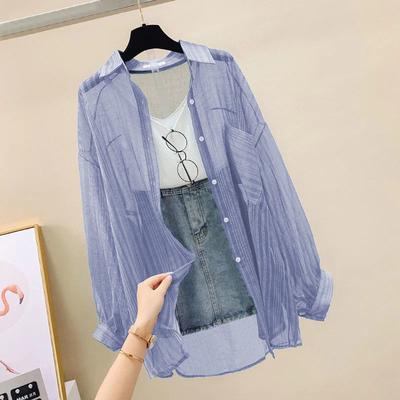 Perfect Picks Market Elegant Summer Sunscreen Chiffon Blouse Casual Women See Through Cardigan blue m