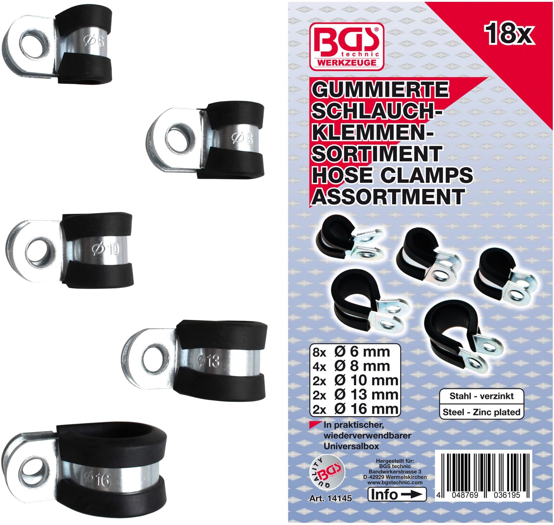 BGS technic   Gummierte Schlauchklemmen-Sortiment   Ø 6 - 16 mm 18-tlg. zum Abklemmen von Schläuchen geeignet   4026947019990 (14145)