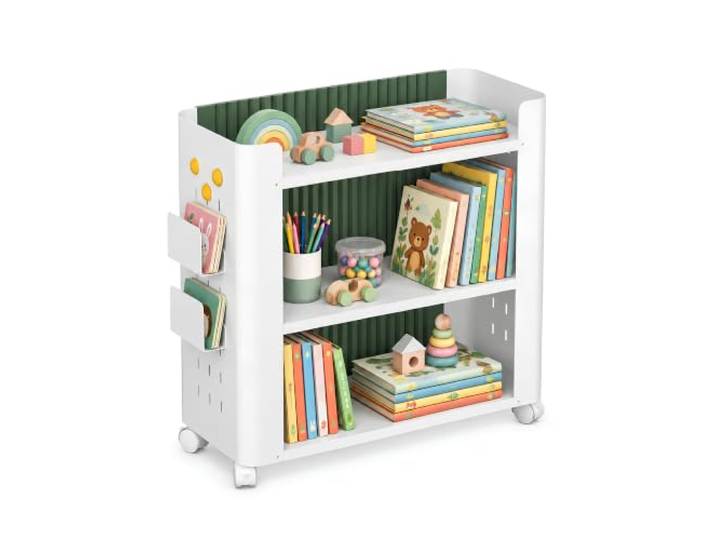 Spacetronik Kinderregal Bücherregal Spielzeug Aufbewahrung auf Rollen Bastelwagen, Möbel fürs Kinderzimmer, Pegboard Organizer, 3 offene Böden, 26cm schmal, abwaschbar, kippsicher