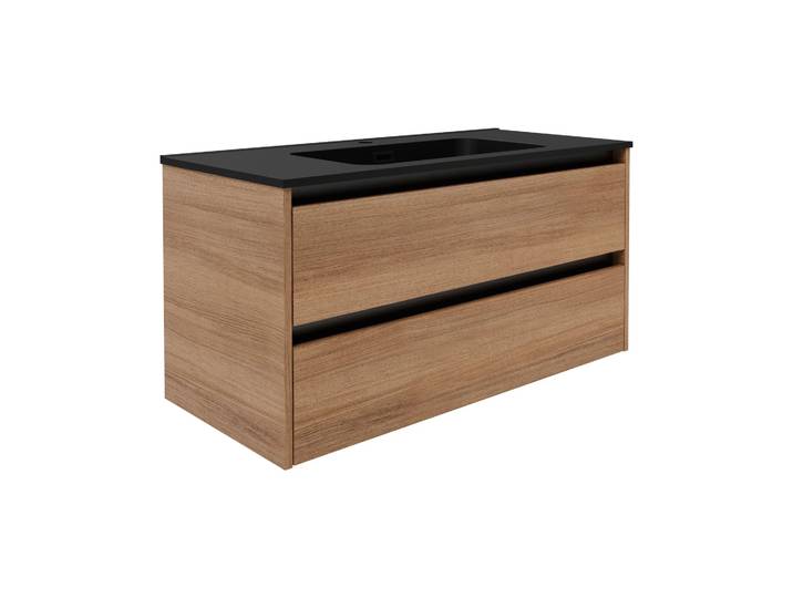 FACKELMANN VITA Waschbecken mit Unterschrank 101 cm breit, Braun hell, Waschbecken Gussmarmor Schwarz matt
