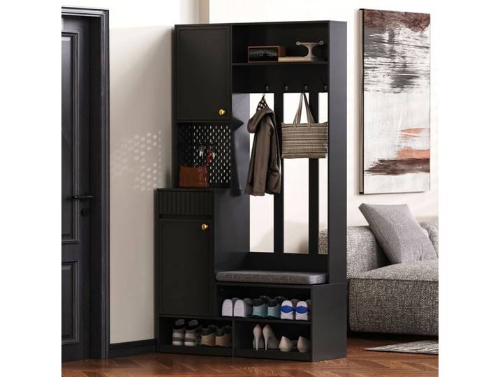 Ensemble de vestibule noir avec banc rembourré patères armoire tiroirs et panneau perforé