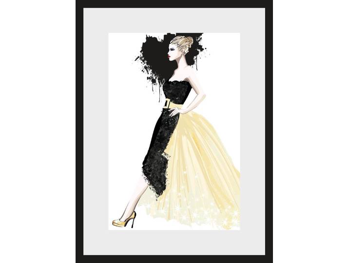 Bild mit Rahmen GOODPRODUCT Skizze Frau mit Kleid , bunt (farbe rahmen: schwarz, farbe bild(er): schwarz weiß rot), B:30cm H:40cm, Acrylglas, Holz, Papier, Bilder, Bild mit Rahmen, HD Premium Poster-Druck inkl. Holzrahmen