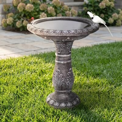 Meedzom Outdoor Bird Bath Intricate Floral Carvings Fibre Reinforced Concrete Design for Home Garden Patio Yard Decor