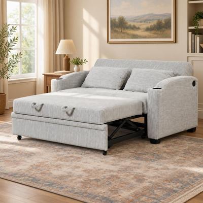 Harper&Bright Designs Chenille Convertible Loveseat Sofa Bed with Adjustable Backrest, USB Ports, and Cup Holders