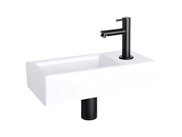 Differnz Helios Lavabo\, Lave main Céramique Blanche\, Robinet Froide à Droite\, Noir\, Vasque\, Ensemble Complet\, Pour Salle de Bain - 37.5 x 18 x 9.5 cm