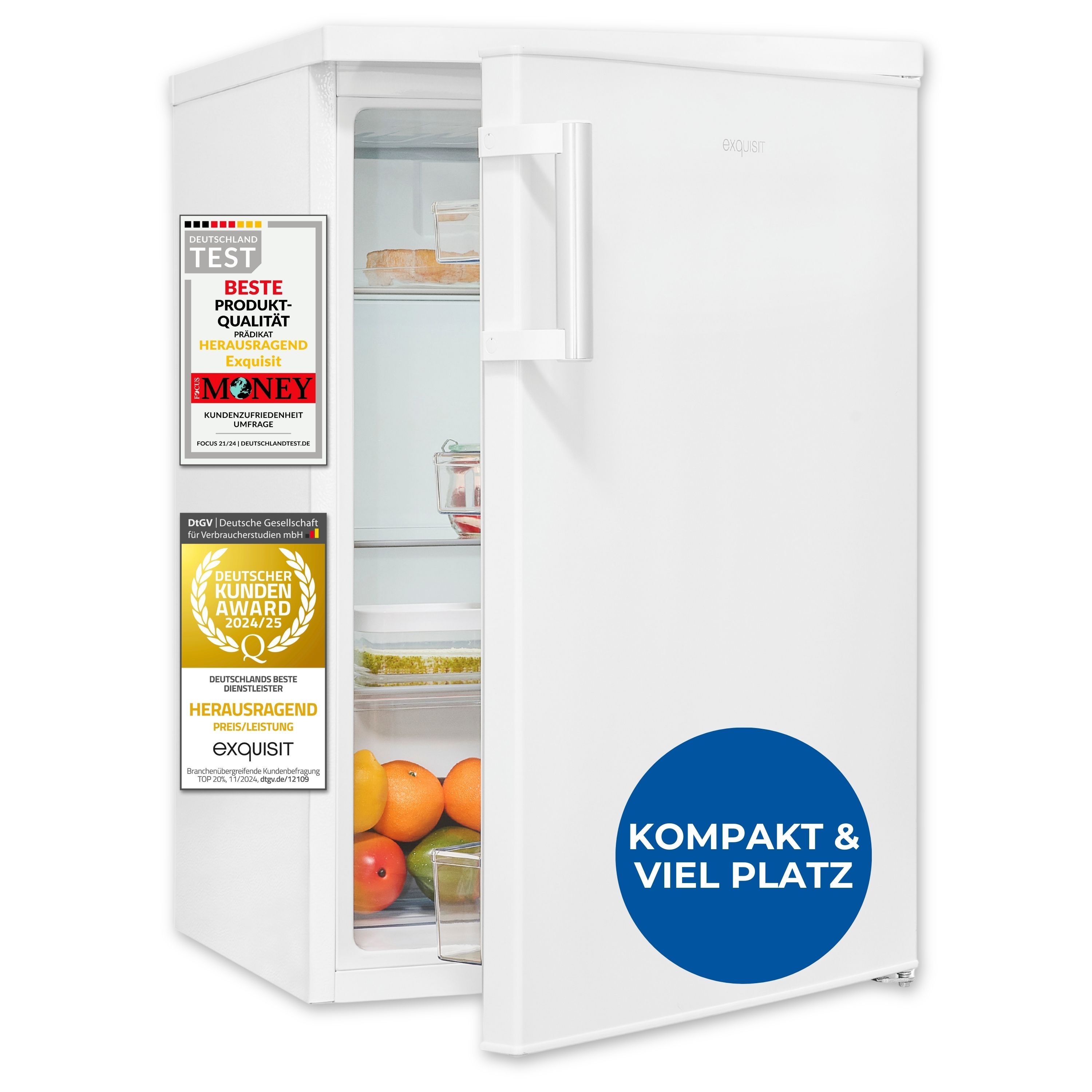 Exquisit Kühlschrank ohne Gefrierfach, 133 Liter, 3 Glasablagen, manuelle Temperaturregelung, wechselbarer Türanschlag, KS516-V-H-010C weiss