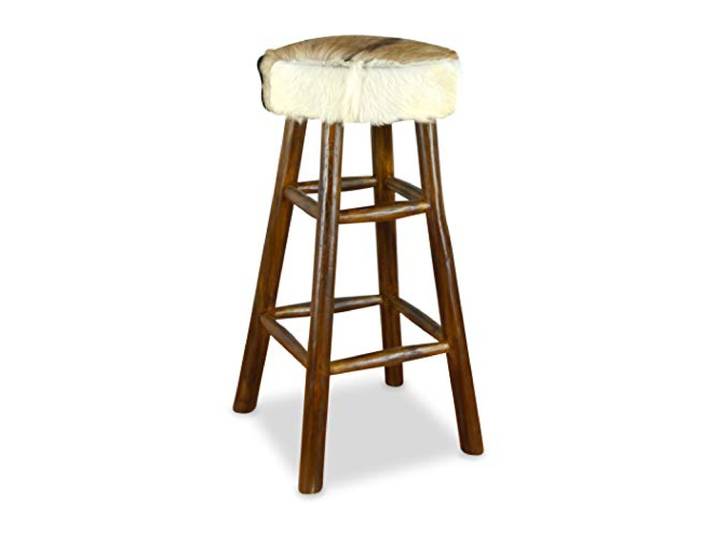 livasia Ziegenfell Barhocker mit Teakholz, Barhocker aus Java, Thekenhocker, Fellbarhocker (Ziegenfell - Barhocker - Braun - Weiß)