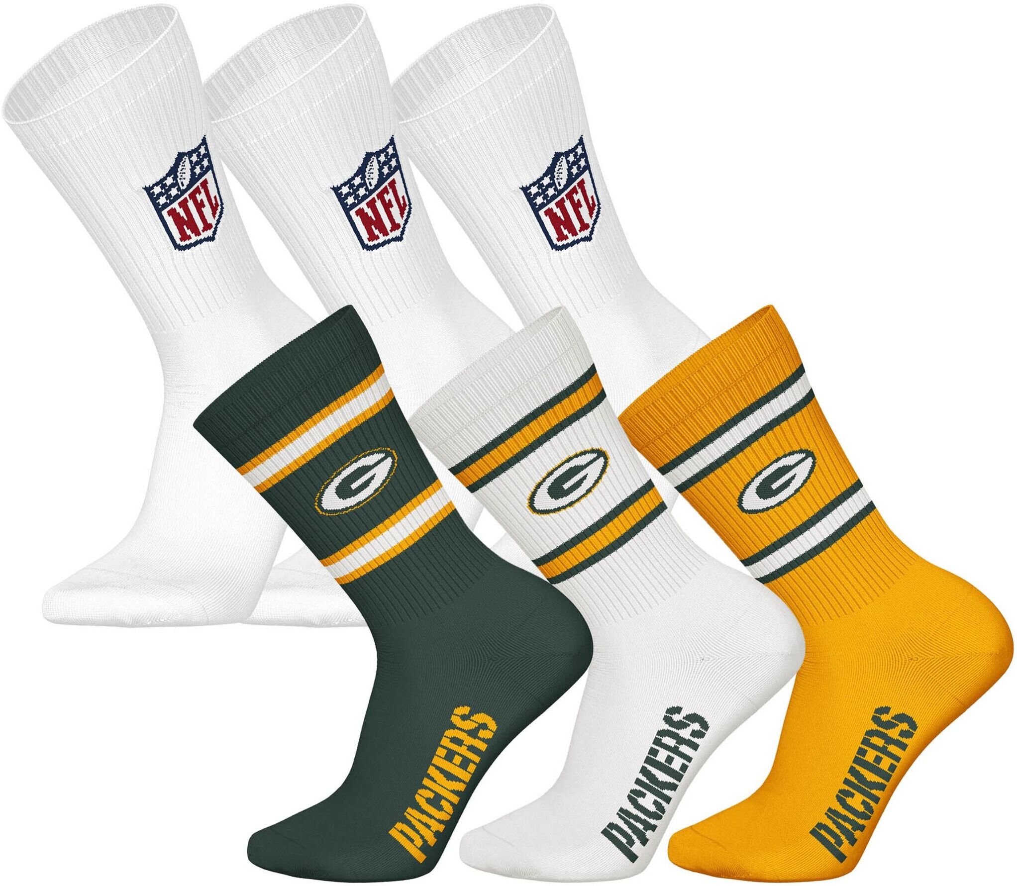 Kurzsocken NFL "Socken NFL 6Pack Crew Socks 6er Pack", Damen, Gr. 43-46, bunt (grün bay packers, weiß), Obermaterial: 58% Baumwolle CO. 39% Polyester PES. 3% Elasthan EL., Socken Kurzsocken