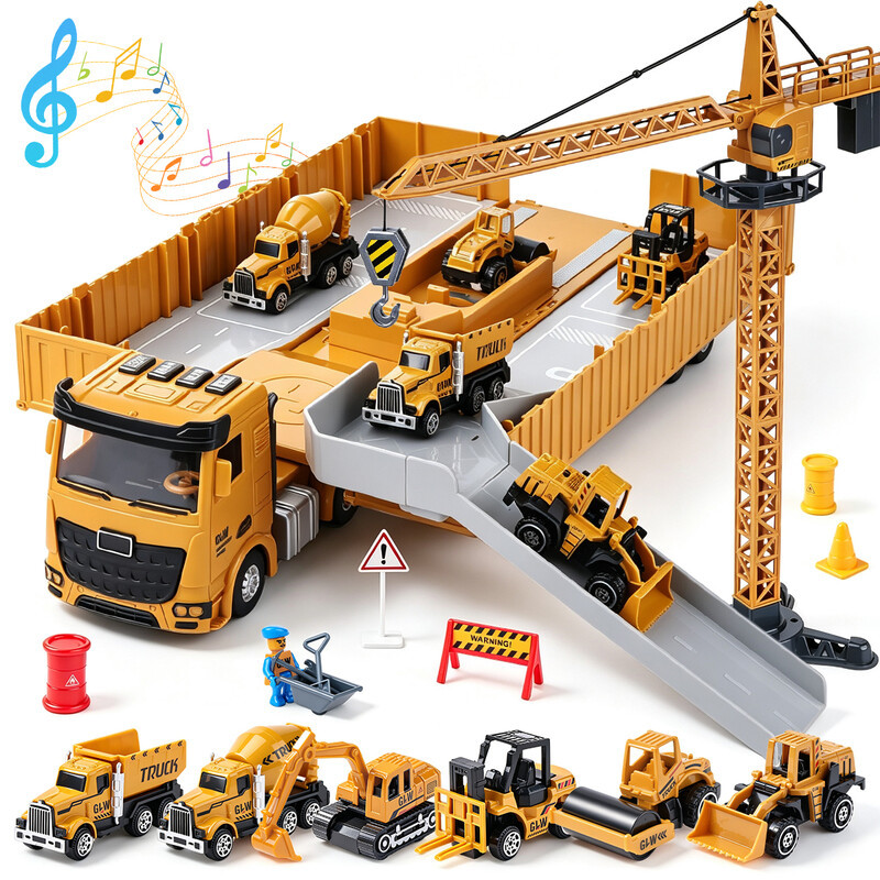 UINLE Baby Muzikale Bouwplaats Container Vrachtwagenset met 6 Voertuigen van Metaallegering en Kraantoren