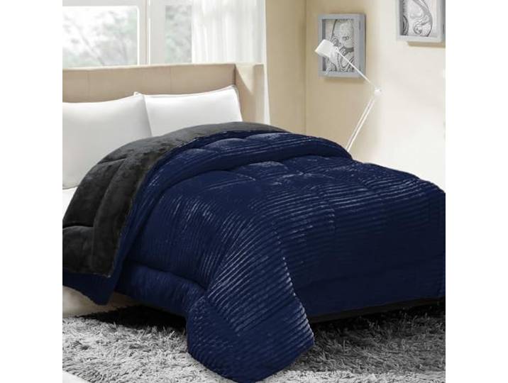 SAMPUR - Couette Coton Club Reversible : Velours cotelé et Tissu Soyeux Chaleur et Douceur déale en Plaid (Bleu\, 140x200 cm)