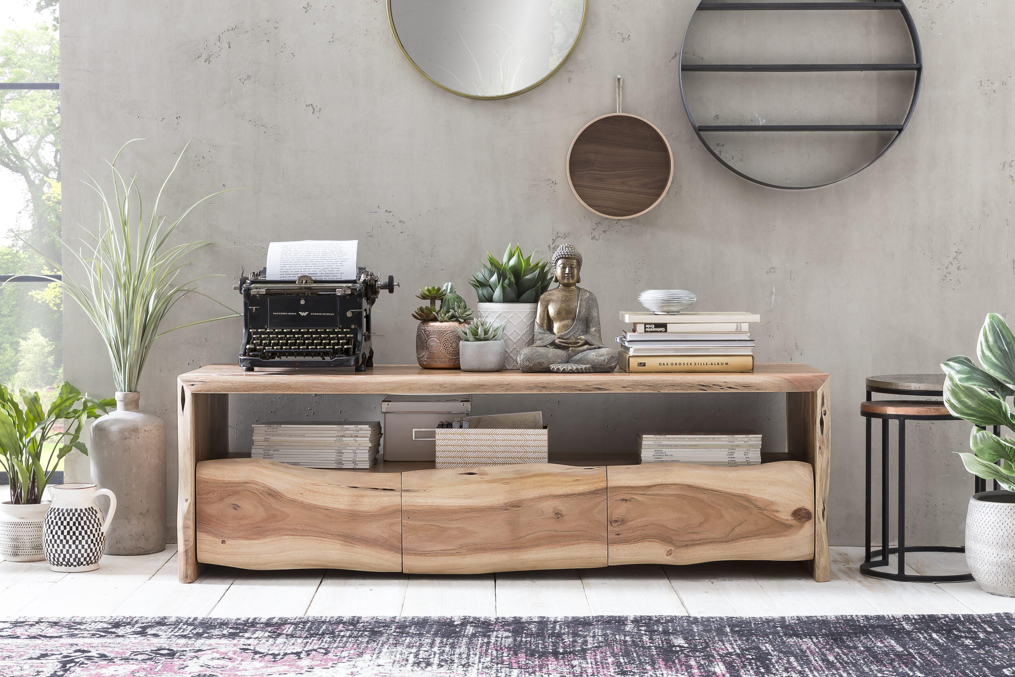 Lowboard SIT "Domburg aus massiver Akazie mit natürlicher Baumkante – Unikat", beige (natur), B:146cm H:46cm T:50cm, Massivholz, Sideboards, Lowboard, 3 Schubladen & offenes Fach für vielseitigen Stauraum natur B/H/T: 146cm x 46cm x 50cm, 3 Stk., Akazie