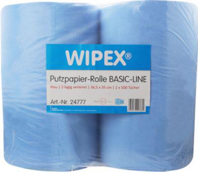 WIPEX Basic-Line Putzpapier, 2-lagig, perforiert, hohe Saugfähigkeit, 100 % Zellstoff, blau, 2 Rollen mit jeweils 500 Tüchern