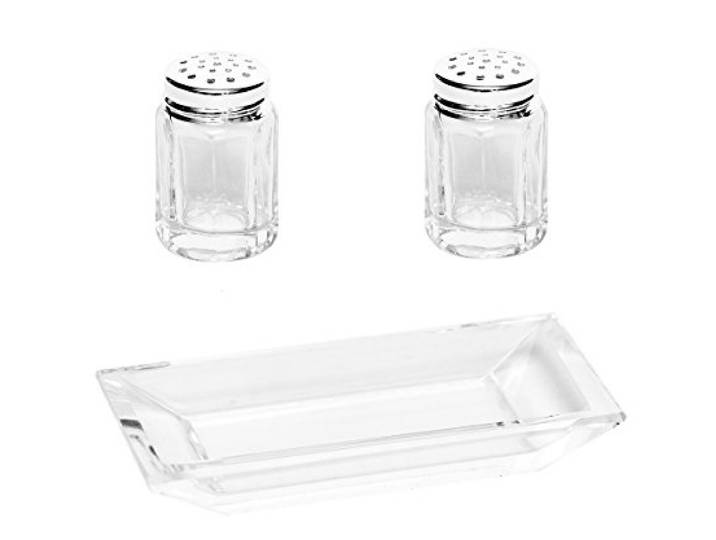 Brillibrum Design Mini Salzstreuer Glas Feinsilber Ministreuer Universalstreuer Gewürz Pfefferstreuer (8-Eckig, 2 Streuer mit Tablett)