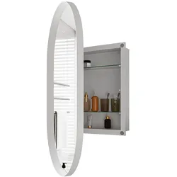 MODFU Spiegelschrank oval Weiß 85x51x12 cm mit Metallrahmen Spiegel aus gehärtetem Glas verstellbaren Einlegeböden für Bad, Flur, Schlafzimmer