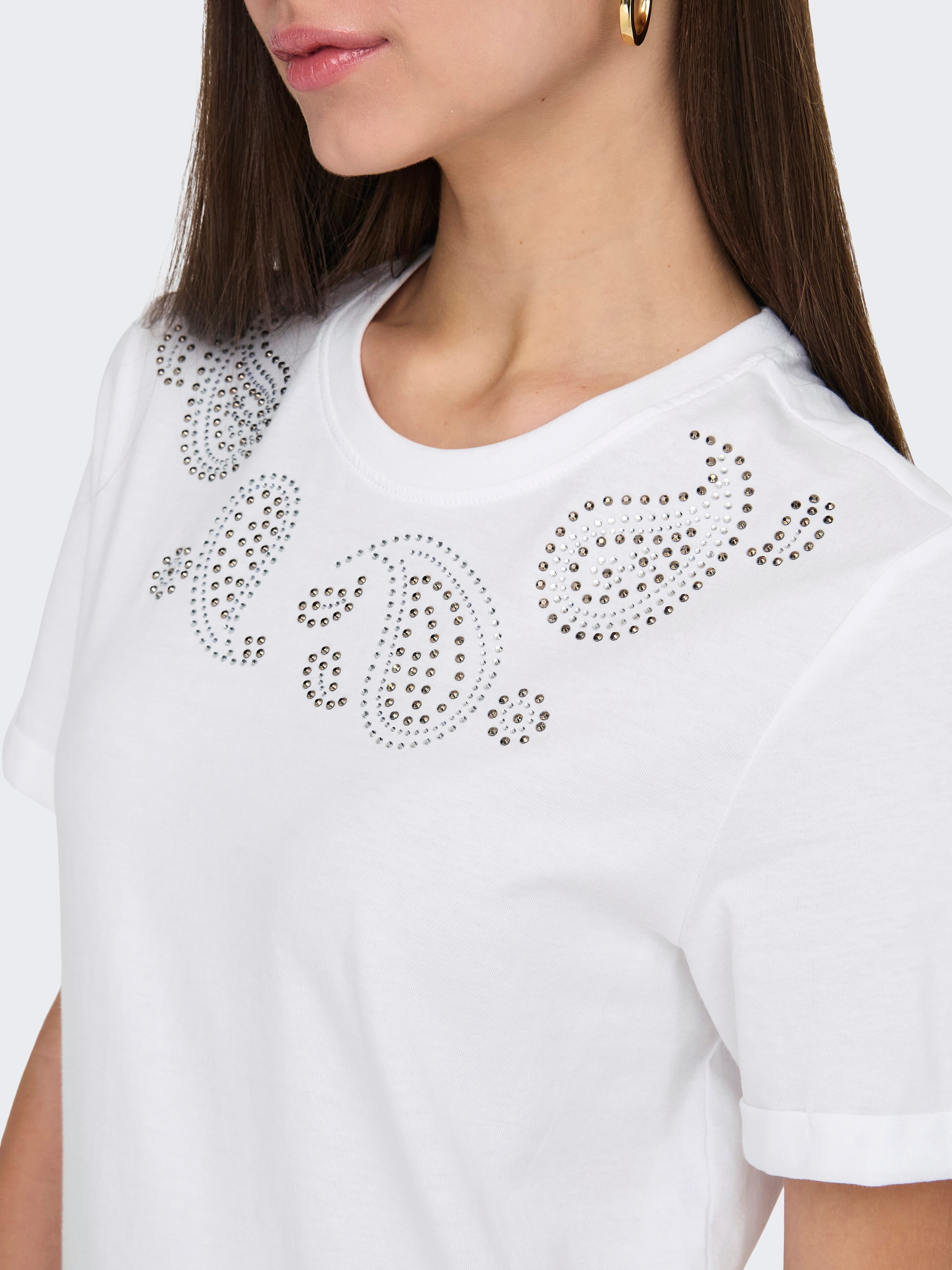Kurzarmshirt ONLY "ONLHOLLIS LIFE S/S O-NECK TOP BOX JRS", Damen, Gr. M (38), weiss (hellweiß detail:paisley studs), Jersey, Obermaterial: 100% Baumwolle, unifarben, Rundhals, Shirts Kurzarmshirt hellweiß detail:paisley studs M (38)