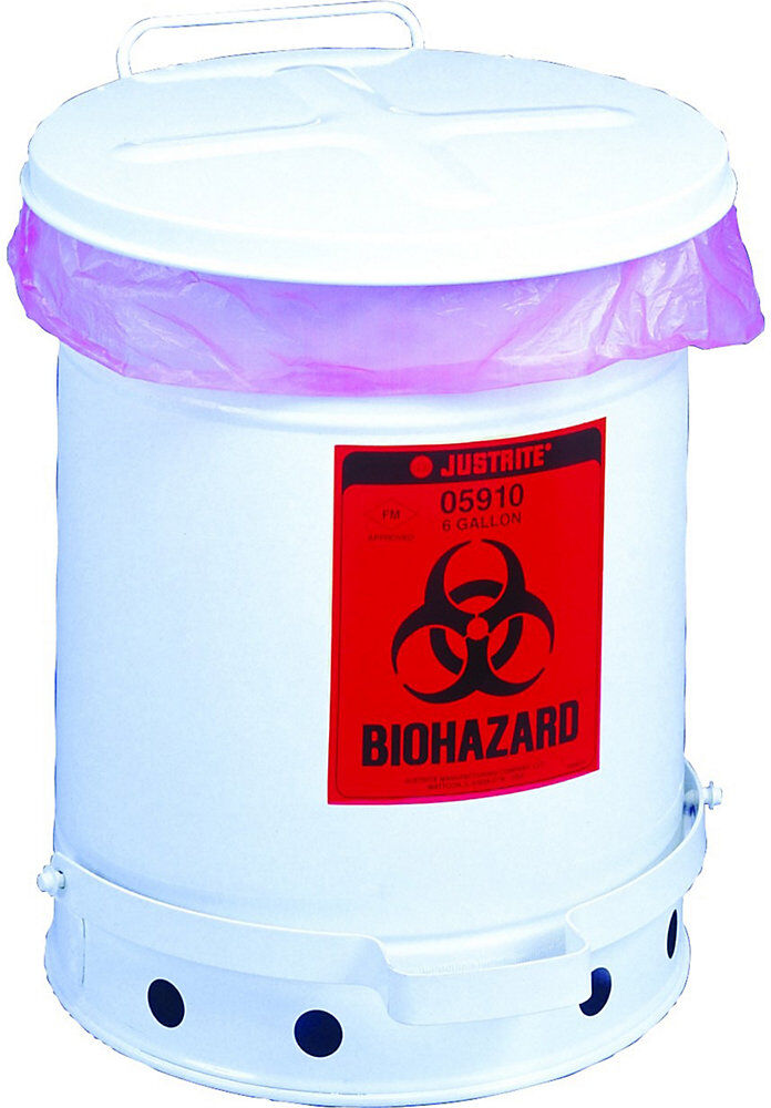 Stahlblech-Sicherheits-Entsorgungsbehälter für biogefährliche Abfälle, BIOHAZARD-Aufkleber, Volumen 34 l, mit Pedal, weiß, ab 3 Stk Justrite