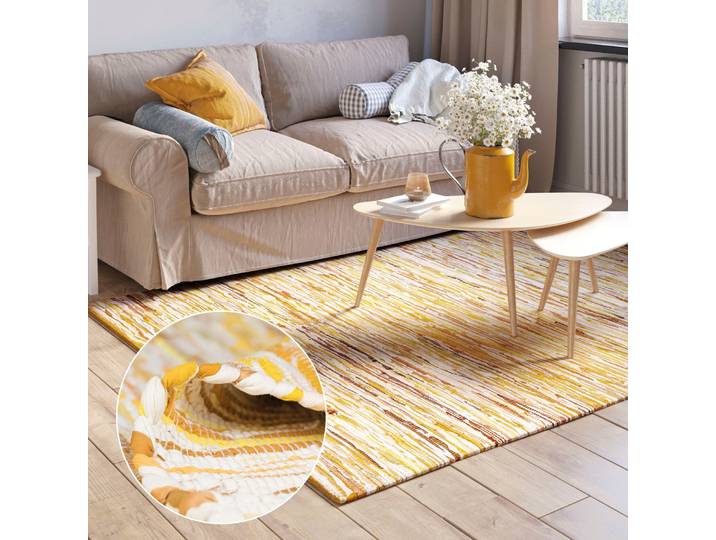 Teppich Ameer , gelb (gelb mix), B:160cm H:10mm L:230cm, Baumwolle, Polyester, MYFLAIR MÖBEL & ACCESSOIRES, Teppiche, Teppich, Handweb Teppich, 90% Baumwolle, handgewebt, Scandi