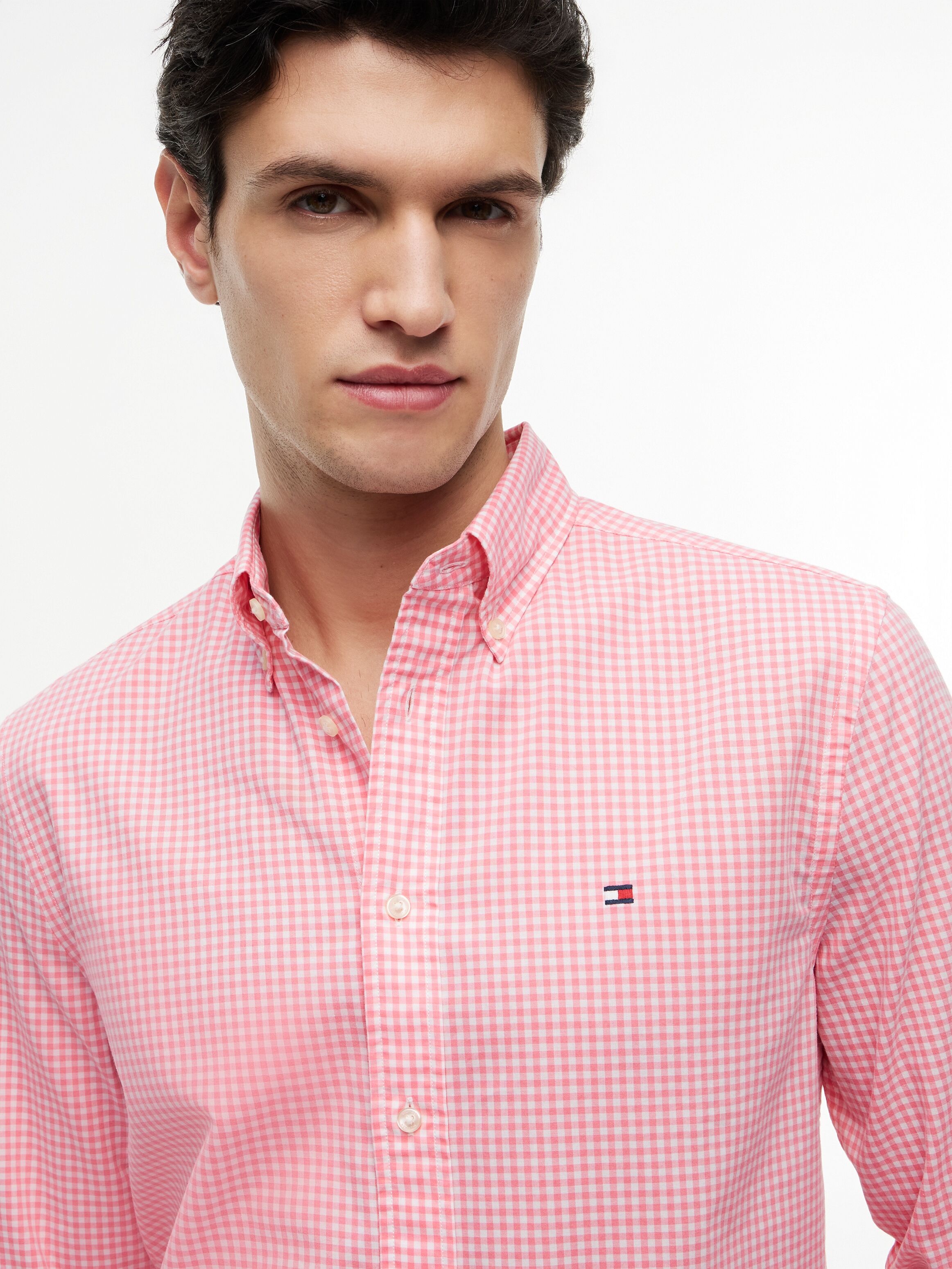 Langarmhemd TOMMY HILFIGER "FLEX POPLIN GINGHAM SHIRT", Herren, Gr. XXL (58), N-Gr, doll pink, check, Web, Obermaterial: 100% Baumwolle, regular fit normal, 1-Knopf-Manschette, Hemden Langarmhemd, Regular Fit Flex Cotton Gingham doll pink, check XXL (58),