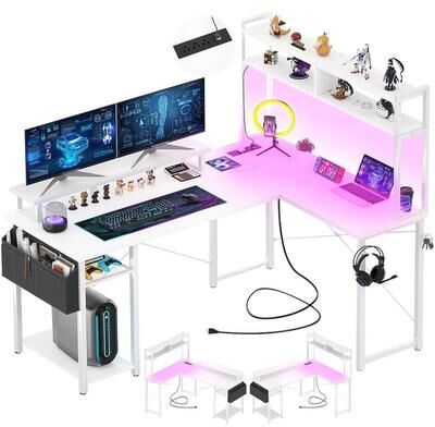 No Small L Shaped Gaming Desk with LED Lights
