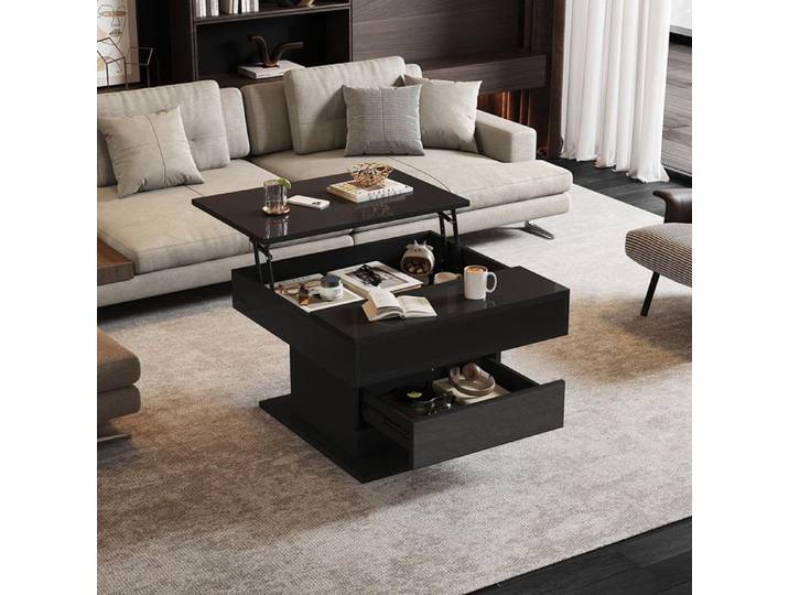 Table basse - Table basse géométrique - Plateau relevable - Pivotant 360° - 70x70x45 cm (noir)