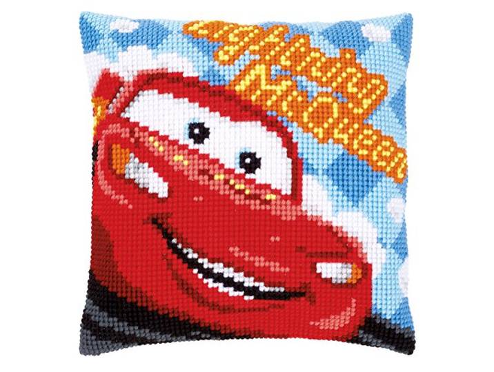 Vervaco Kruissteekkussen Lightning McQueen kruissteekpakket voorgedrukt, Stramin, wit, 40 x 40 x 0,3 cm