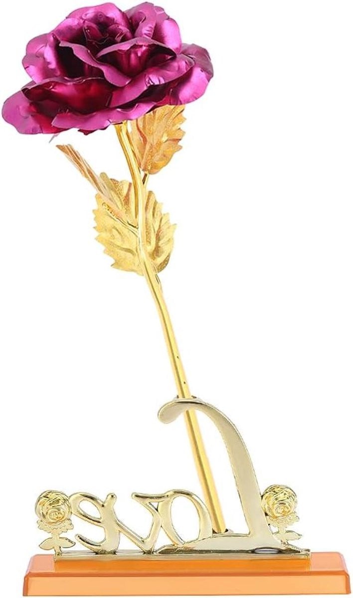 Gouden Roos Bloem - Eeuwige Kunstbloem met 24k Vergulde Bloemblaadjes - Roosrood - 25 cm