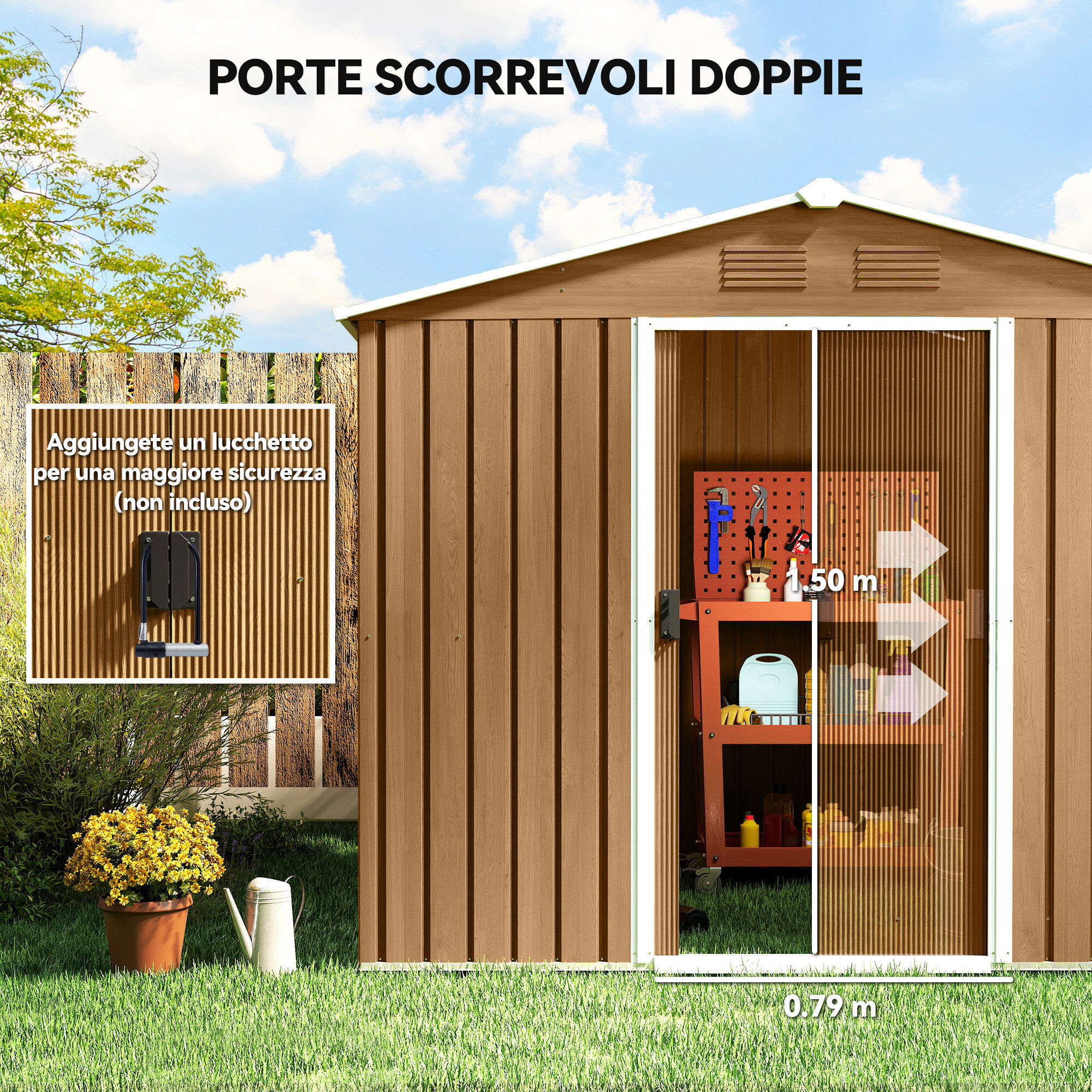 Altro Casetta Da Giardino In Lamiera Di Acciaio Con Porte Scorrevoli, 236x174x190cm, Marrone