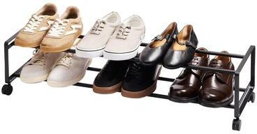 Yamazaki Home Two-Tier Rolling Shoe Rack, Steel - L 10.83 x W 32.87 x H 8.15 inches
