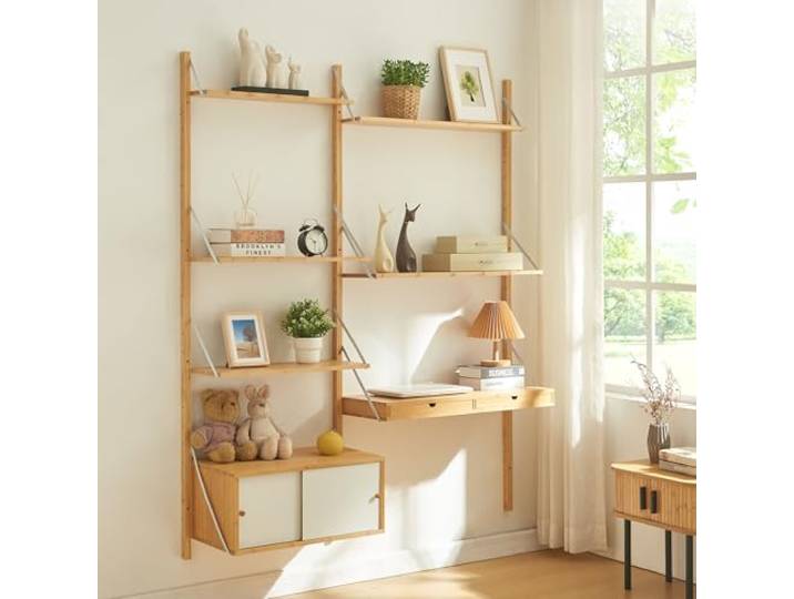 [en.casa] Wandregal Tingvoll Hängeregal 176 x 147 x 34 cm Bücherregal schwimmendes Regal mit fünf Ablagen Zwei Schubladen und einem Schrank Schweberegal Bambus in Naturfarben