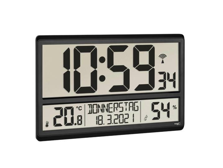 Funkuhr Tfa, Schwarz, Kunststoff, 36x2.8x23.5 cm, Kalenderanzeige, Wochentaganzeige, Weckfunktion, Thermo-Hygrometer, Funkuhr, leises Uhrwerk, Dekoration, Uhren, Wanduhren