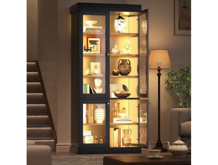 Odikalo Vitrine Vitrineschrank Glasvitrine mit LED (durchdachter Innenaufteilung und Kippschutz, stabil, sicher und vielseitig für Zuhause) 80×40×180cm