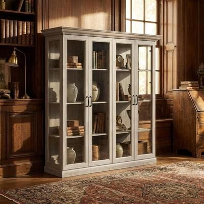 Timechee "Large Bookshelves Display Cabinet with Glass Doors & LED Lighting, 68.5 "" Lighted Curio Cabinet with USB Strip Storage Showcase"