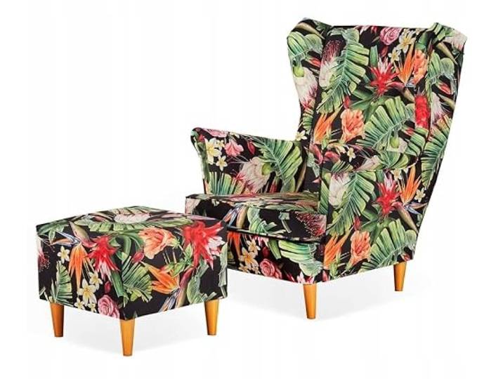 Family Meble Ohrensessel mit Hocker, Modell Print, Skandinavisch, Relaxsessel aus Webstoff, Loungesessel, Ohrensessel mit Hocker, Bequemer Sessel, Für Wohnzimmer, Esszimmer, Schlafzimmer, Dachte 16