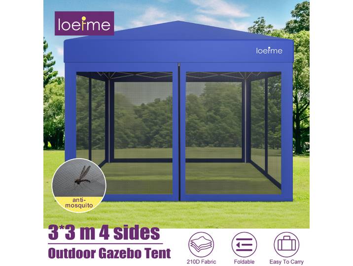 LOEFME Tonnelle Pop-Up 3x3M Portable pour Extérieur, Abri Imperméable et Coupe-Vent avec Moustiquaire pour Patio et Jardin