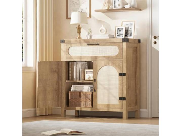 GarveeMore Rattan Sideboard Mit Schublade & Verstellbaren Regalböden, Vielseitig Aufbewahrungsschrank Für Flur Wohnzimmer Küche Esszimmer – Boho Möbelstück Buffet, 76×35×H84, Holz