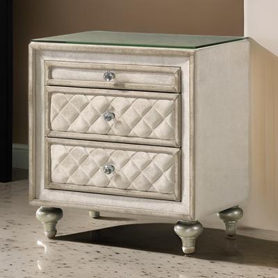 Benjara Willa Nightstand, 2 Drawers, Pull Out Tray, 27 Inch Wood, Beige Velvet