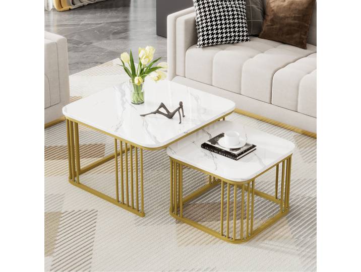 2 ensembles de tables basses carrées en marbre optique brillant, tables coulissantes avec pieds dorés, 70x70x45cm et 50x50x36,5cm, polyvalentes