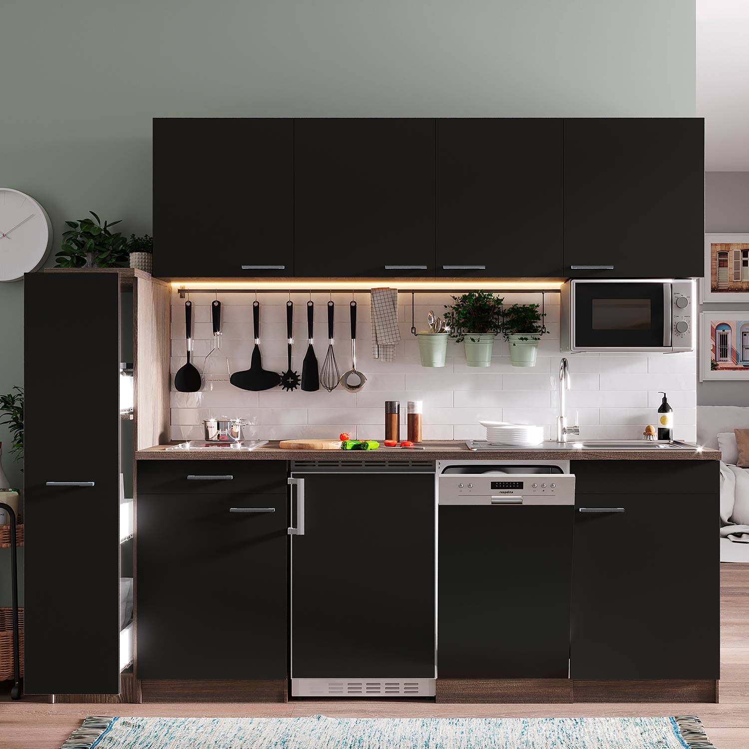 home24 Keukenblok Oliver VIII zwart/zwart met glaskeramiek, 225 cm