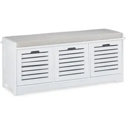 Relaxdays Sitzbank mit Stauraum, 3 Körbe & Sitzkissen, Küchenbank Landhausstil, Garderobenbank HxBxT 44x105x35 cm, weiß