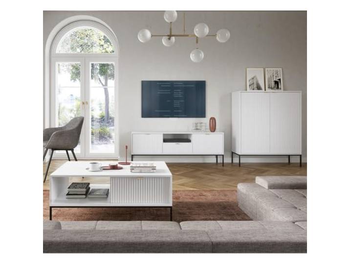 Lomadox Wohnmöbel Set Wohnwand weiß, Fußgestell schwarz, 3-teilig, 1 Highboard, 1 Couchtisch, 1 Lowboard