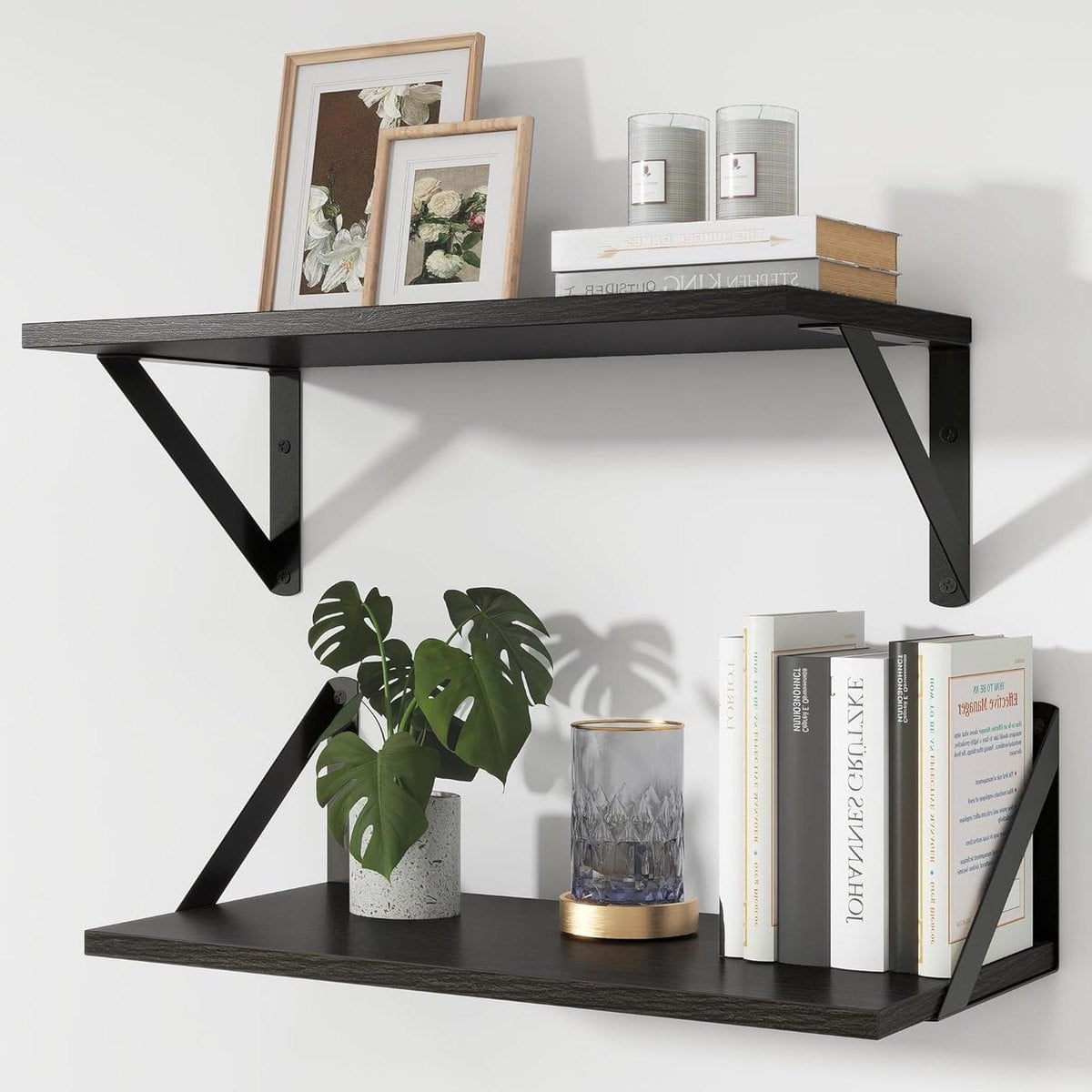 Set van 2 extra diepe zwevende wandplanken voor decoratie en opslag - Zwart