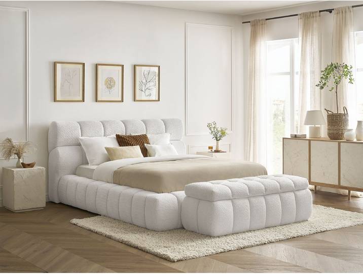 Lit coffre MONT-BLANC + Bout de lit MONT-BLANC tissu bouclette 160x200 + bout de lit 140