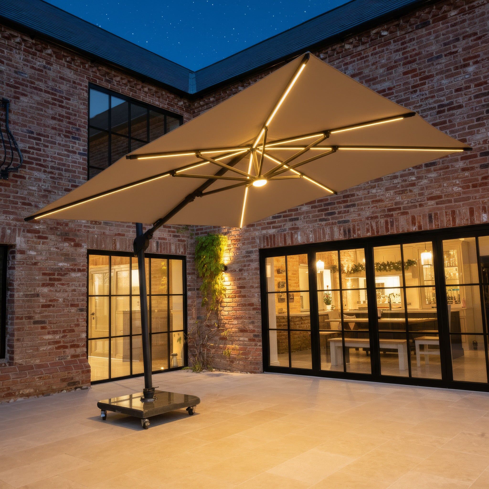 Harbour Lifestyle Volos 3m x 3m Square Cantilever Parasol with LED Lighting and 120kg Granite Base in Wheat