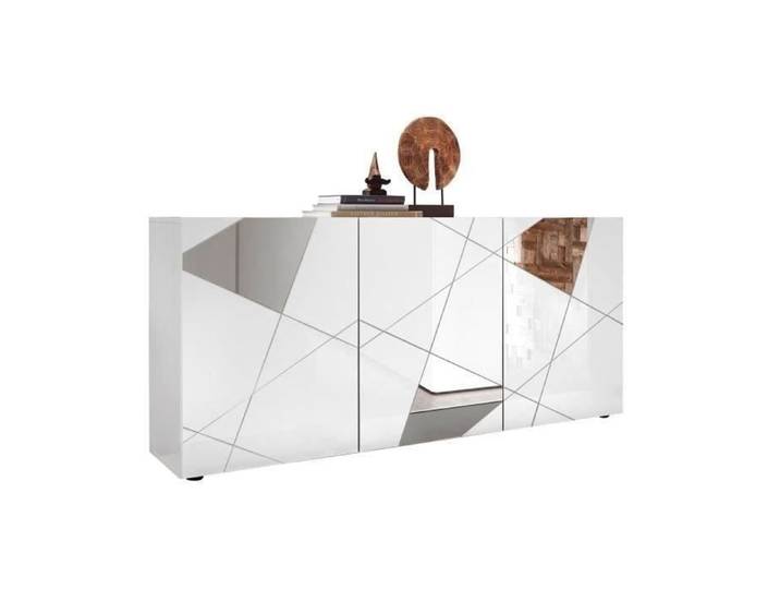 Buffet VICTORY 3 Portes Blanc Laqué brillant avec serigraphie miroir L181 Cm