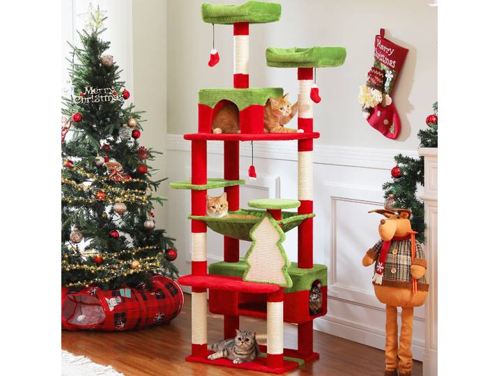 Arbre à chat de Noël avec tire à gratter recouvert de sisal, 2 perchoirs rembourrés, tour à chat de 180 cm avec 2 cas et panier pour chats d'intérieur