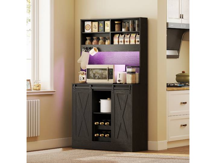 HOMCOM Buffet Cuisine Rustique Noir avec LED et Porte-Bouteilles